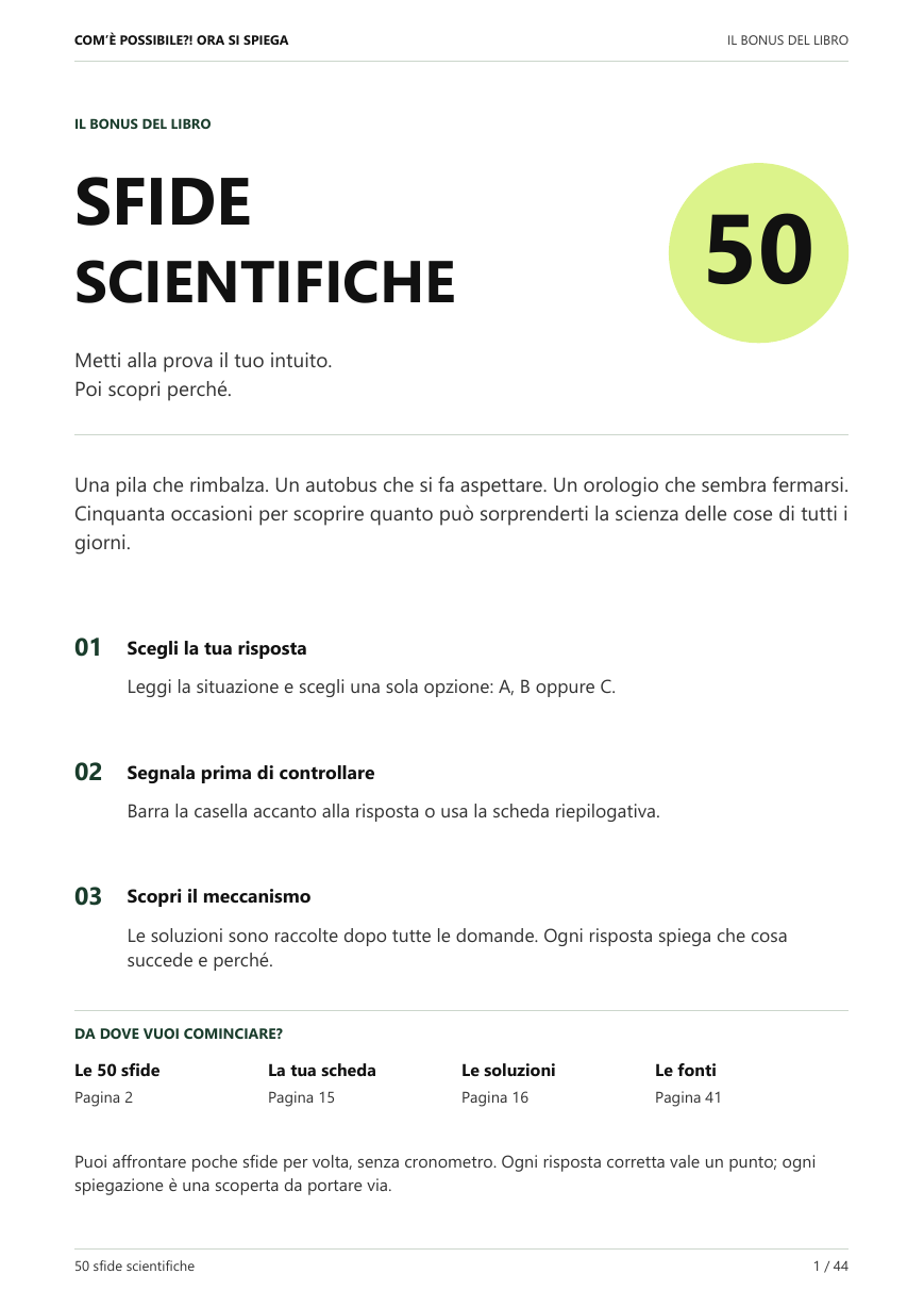 La prima pagina del PDF 50 sfide scientifiche, con istruzioni e indice